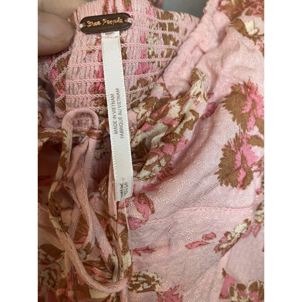 Free People Pink Floral Square Neck Blouse  Puff Sleeve Nwt Size XS Romance Boho - Picture 2 of 6